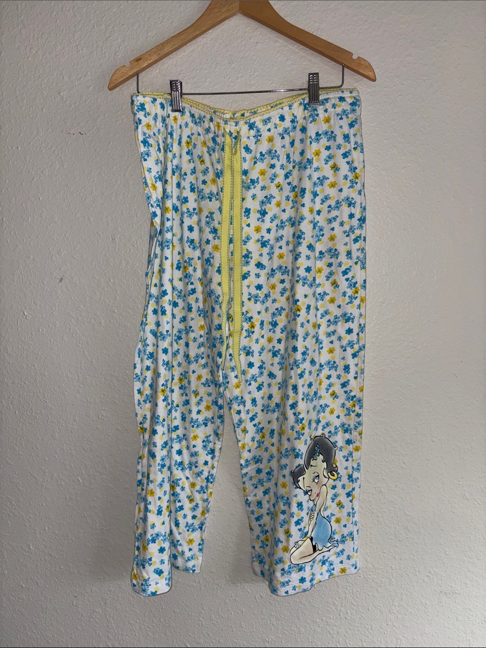 Betty Boop White Pajama Bottoms with Blue and Yellow Floral Print